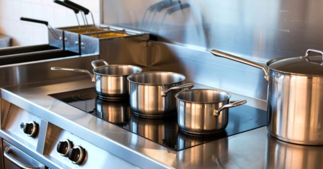 Cocina eléctrica de inducción con ollas sobre placa vitrocerámica en un hogar moderno.