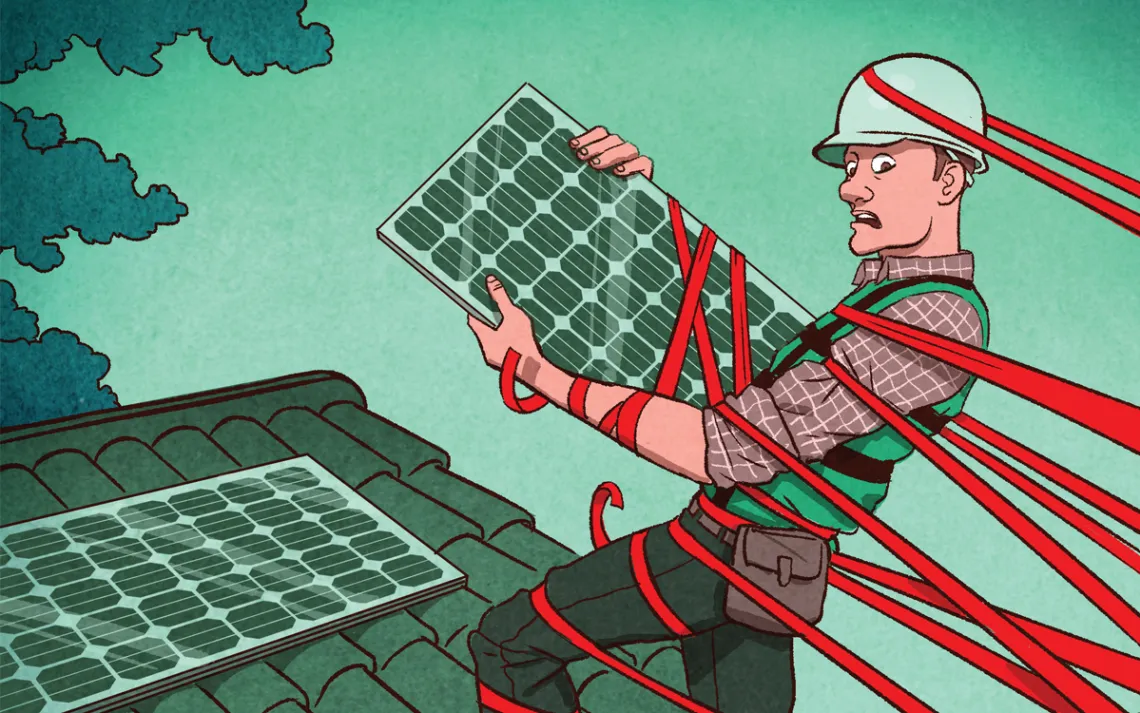 L’illustration montre un travailleur sur un toit en train d’installer des panneaux solaires avec du ruban rouge enroulé autour de lui, le tirant vers l’arrière.