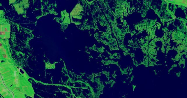 Imagen satelital de la NASA de un remolino oceánico en el Ártico canadiense visible como un círculo oscuro entre hielo y sedimentos.