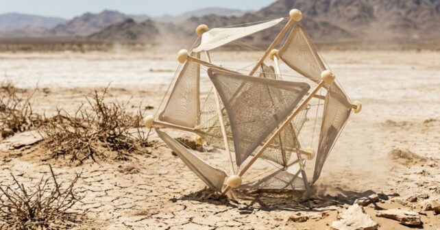 Esfera robótica biodegradable Wasteland Nomads dispersando semillas en suelo árido para restauración ecológica.