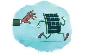 L'illustration montre un bras adapté et une main cherchant un panneau solaire qui s'enfuit.