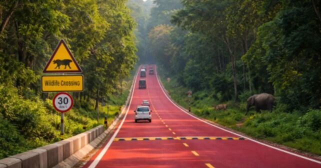 Carretera roja en la autopista NH-45 de India diseñada para reducir atropellos de fauna en una reserva natural.