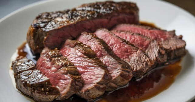 Filete de carne de vacuno en un plato, ejemplo del impacto climático del consumo de carne en EE. UU.