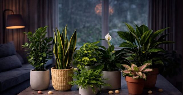 Plantas de interior resistentes con poca luz como sansevieria, zamioculca, poto y helecho en salón oscuro.