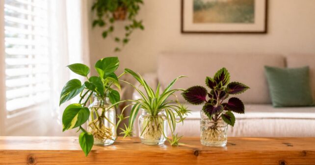 Plantas de interior en agua (filodendro, cinta y coleo) en recipientes de cristal sobre mesa de madera.