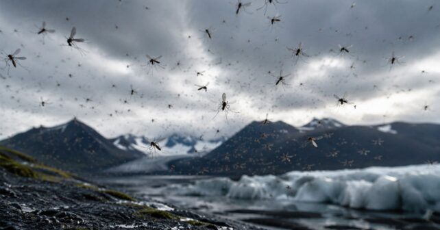 Mosquitos sobre un paisaje glaciar de Islandia tras la confirmación de nuevas especies en el país.