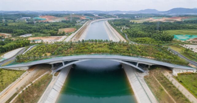 Puente verde para fauna silvestre sobre el canal Pinglu en Qinzhou, China.