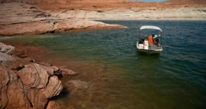 Une équipe de recherche de l'Université d'État de l'Utah travaille au lac Powell le 7 juin 2022, à Page, en Arizona. Confirmant leurs pires craintes concernant des niveaux d'eau record, les biologistes des pêches du National Park Service ont découvert que l'achigan à petite bouche, un poisson prédateur non indigène, a traversé le barrage de Glen Canyon et semble avoir frayé dans le cours inférieur du fleuve Colorado, où il peut s'attaquer au chevesne à bosse, un ancien poisson indigène qu'ils s'efforcent de rétablir.
