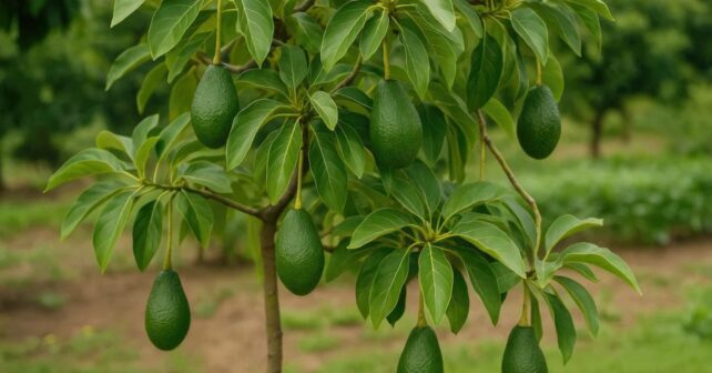 Aguacatero sano con varios frutos verdes creciendo en un jardín tras aplicar cuidados naturales.