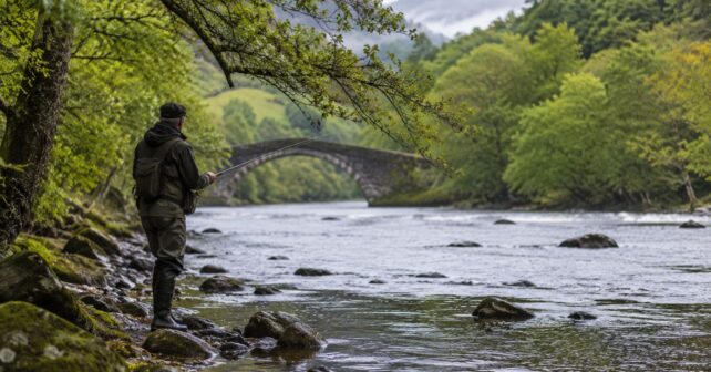 Pescador en un río de Asturias durante la crisis del salmón atlántico y la desaparición del campanu.