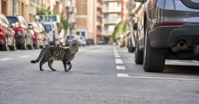 Gato cruzando una calle urbana con coches, reflejo del riesgo de dejarlo salir al exterior sin supervisión.