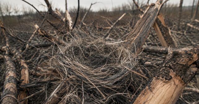 Nido de ave construido con cables de fibra óptica de drones de guerra entre árboles destruidos en Donbás, Ucrania.