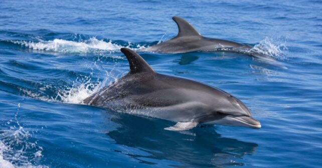 Delfines mulares nadando en aguas del mar Mediterráneo, especie presente en las costas de Baleares.