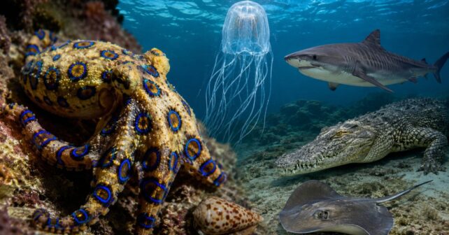 Pulpo de anillos azules junto a otros animales peligrosos de la Gran Barrera de Coral como tiburones, medusas y cocodrilos.
