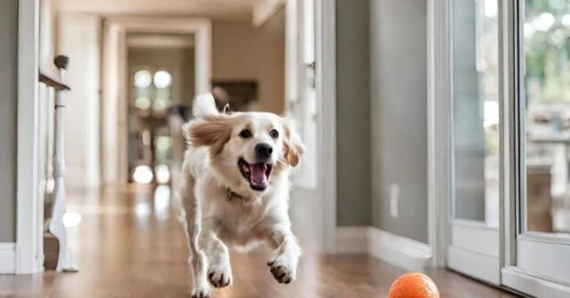 Perro corriendo detrás de una pelota en el interior de una casa sobre un suelo de madera resbaladizo.