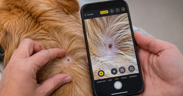 Persona utilizando la función Lupa del iPhone para detectar una garrapata oculta bajo el pelo de un perro.