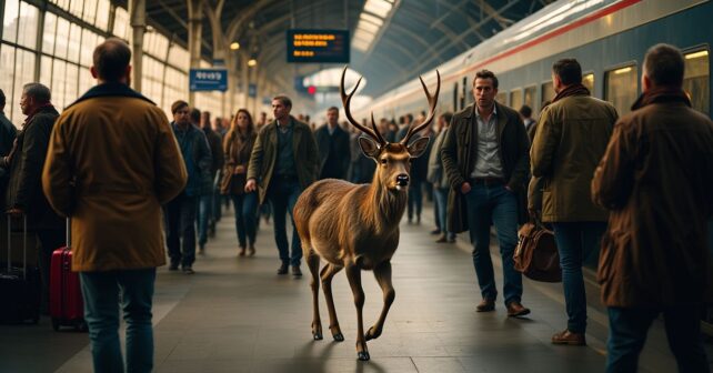 ʼil traversait tranquillement le hallʼ un cerf entre dans une gare de Normandie en pleine heure de pointe