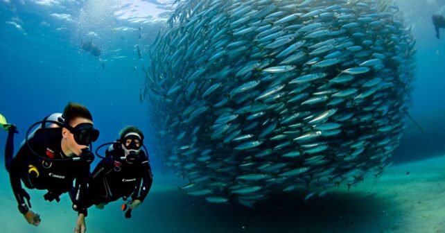 Un immense banc de sardines forme une boule argentée géante filmée par des plongeurs médusés