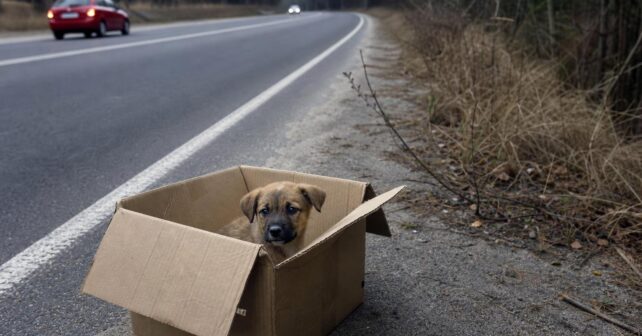Un chiot laissé dans un carton au bord dʼune route attendait quelque chose que personne nʼavait prévu