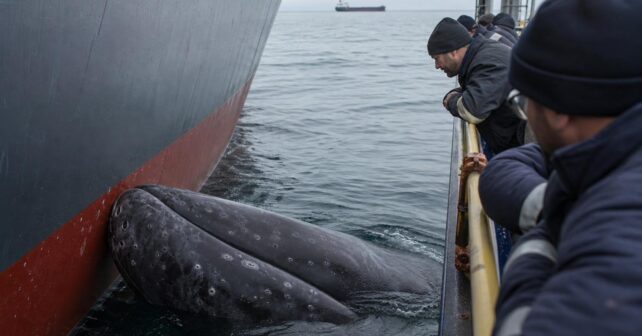 Une baleine sʼendort contre la coque dʼun cargo et lʼéquipage attend des heures sans bouger