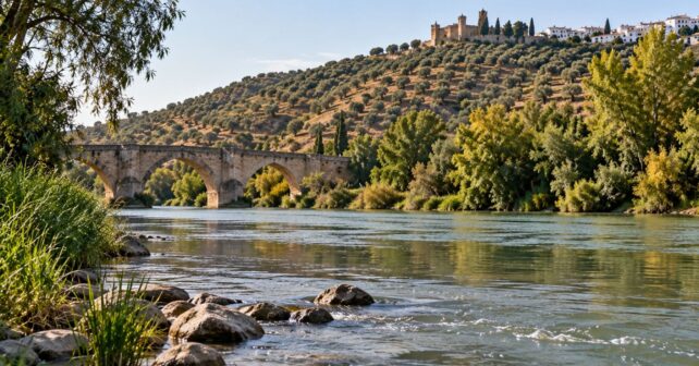 Aguas del río Guadalquivir atravesando un paisaje de vegetación y olivares en Andalucía