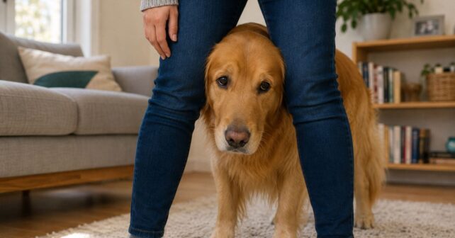 Perro metiendo la cabeza entre las piernas de su dueño en casa