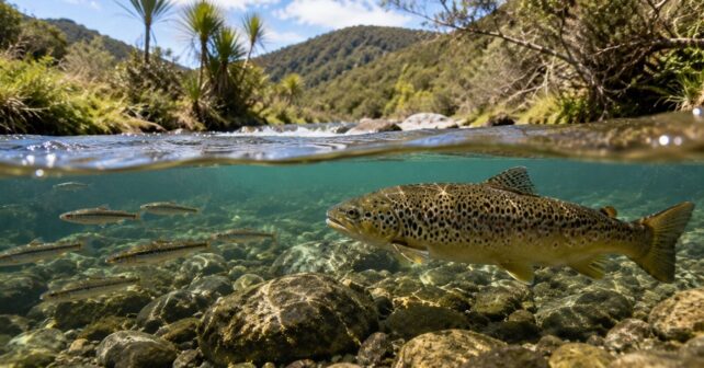 Trucha marrón junto a peces nativos en un río de Nueva Zelanda