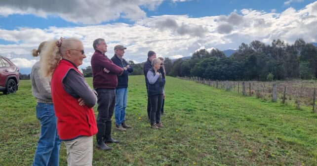 Visitantes recorren la finca Karlindy revegetada en Victoria, Australia