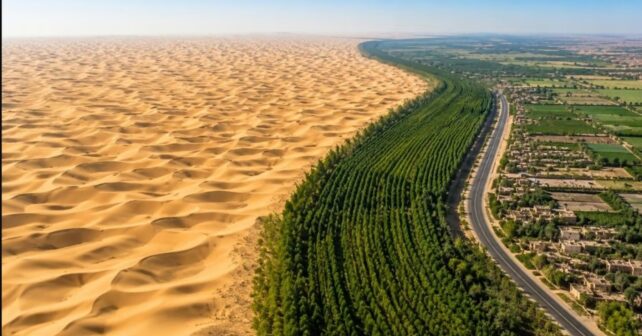 Franja de vegetación que avanza junto a dunas de arena en el desierto