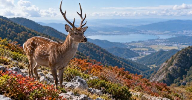 Ciervo sika en una zona montañosa de Japón rodeada de vegetación