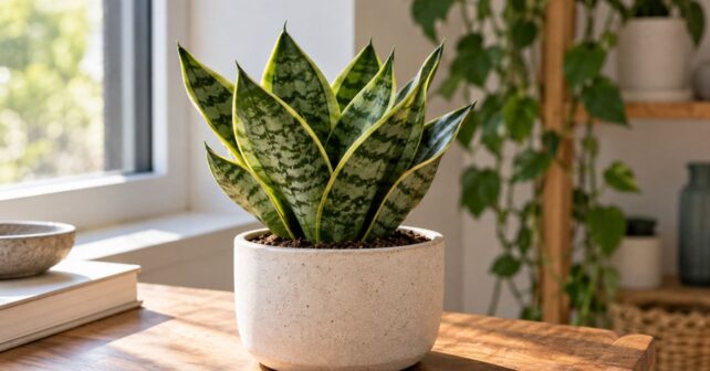 Sansevieria enana en maceta junto a una ventana luminosa en el interior de una casa