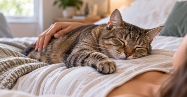 Gato dormido relajadamente sobre el pecho y la barriga de su dueño