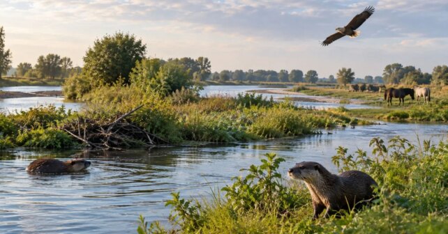 Nutria y castor en los humedales del Rin junto a caballos y un águila sobrevolando el paisaje