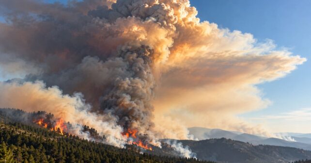 Gran incendio forestal generando una enorme columna de humo que asciende hacia la atmósfera