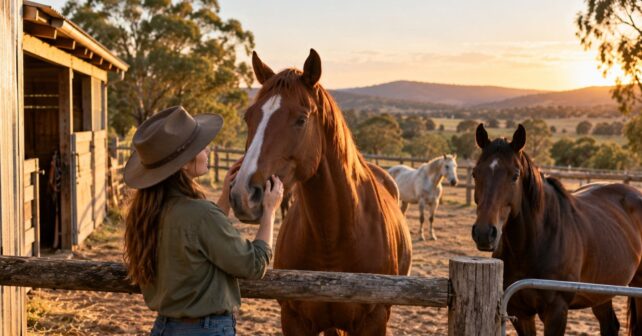 Voluntaria cuidando un caballo en una granja rural de Australia al atardecer
